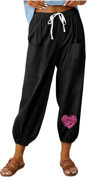 Breast Cancer Awareness Cropped Pants for Women, Summer Casual Cotton Linen Sweatpants Drawstring Tie Trousers with Pockets