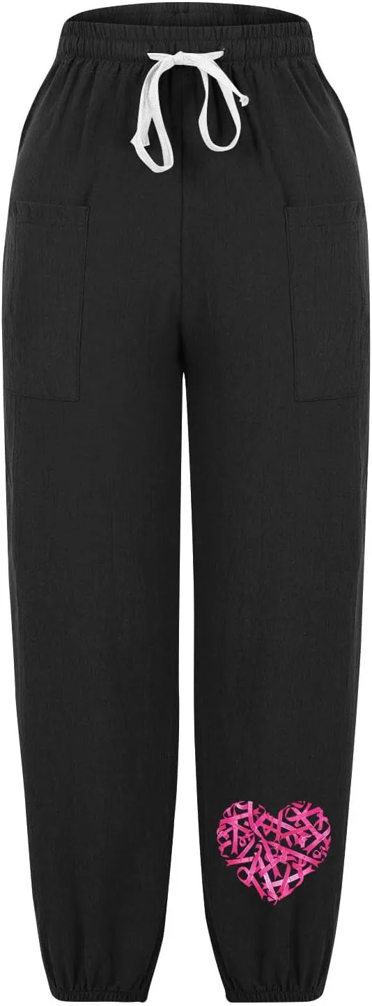 Breast Cancer Awareness Cropped Pants for Women, Summer Casual Cotton Linen Sweatpants Drawstring Tie Trousers with Pockets