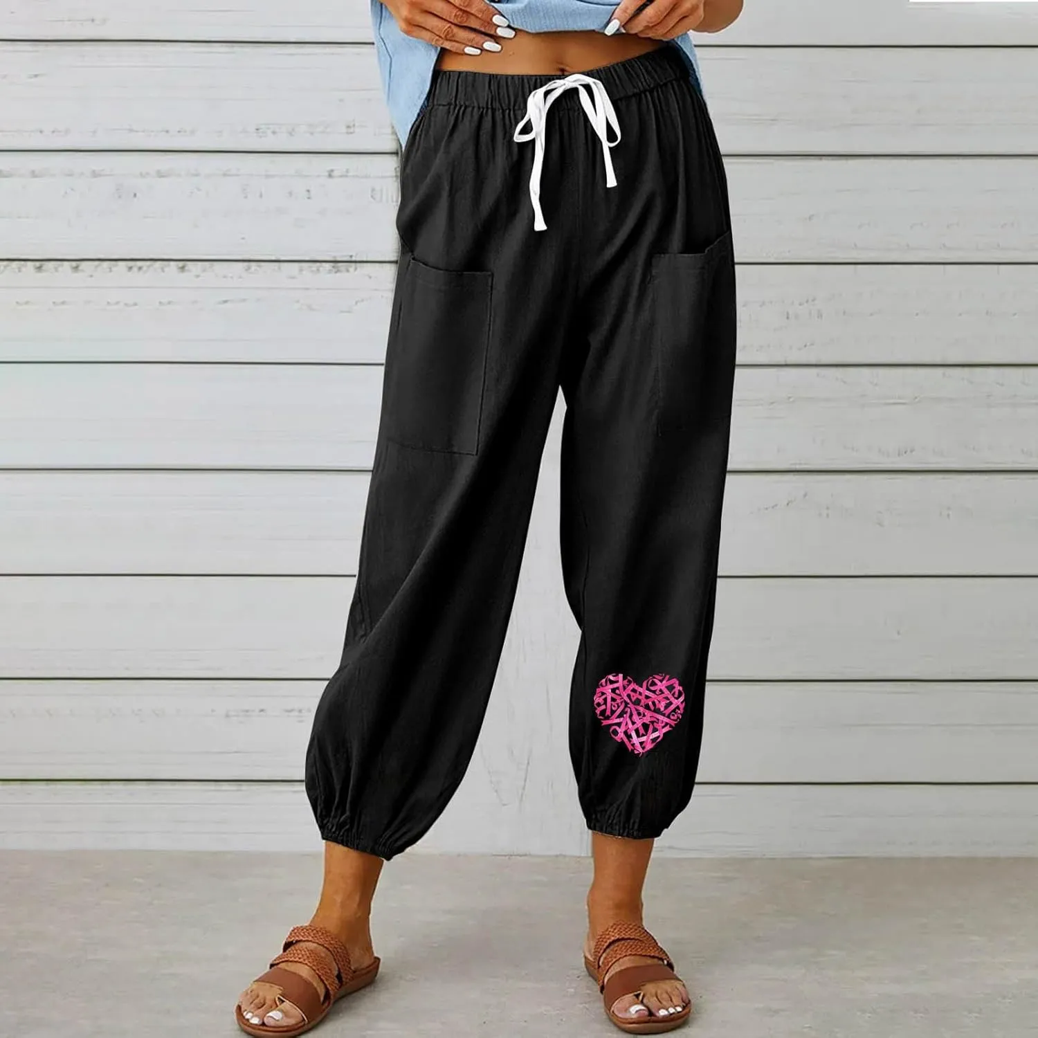 Breast Cancer Awareness Cropped Pants for Women, Summer Casual Cotton Linen Sweatpants Drawstring Tie Trousers with Pockets