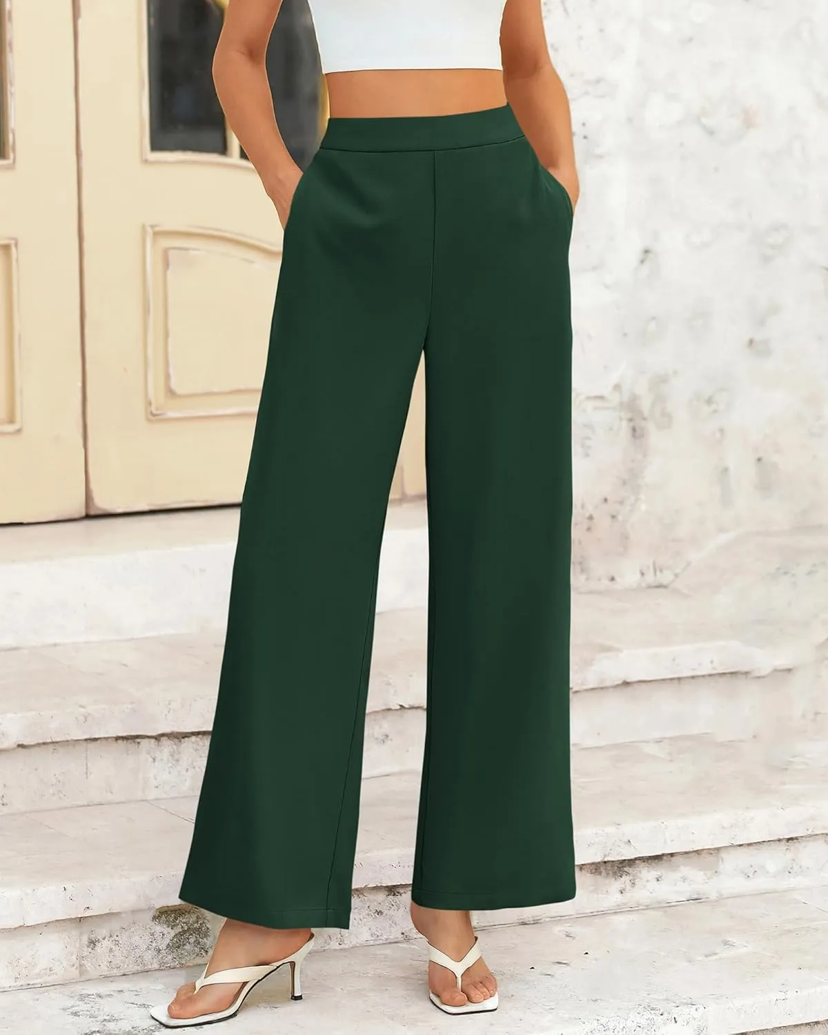 BTFBM Womens Wide Leg Pants Dressy Casual Elastic High Waisted Palazzo Business Lounge Trousers with Pockets