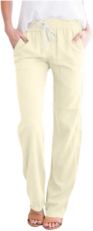 BZGTZT Women's Linen Pants Summer Straight Wide Leg Pants Drawstring High Waisted Trousers Loose Comfy Palazzo Pants