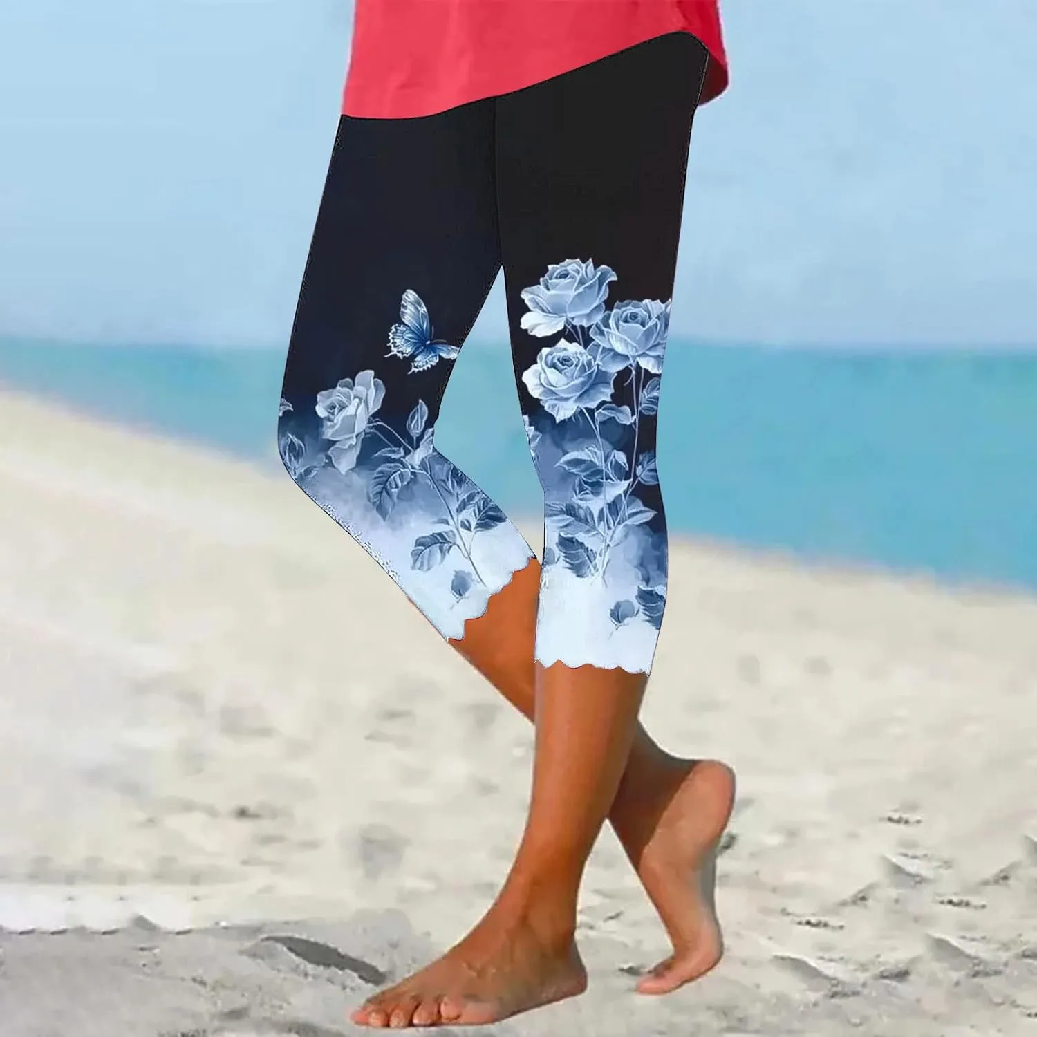 Capri Leggings for Women Floral Print High Waist Capris Tummy Control Knee Length Slim Fit Yoga Cropped Trousers