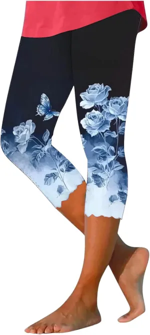 Capri Leggings for Women Floral Print High Waist Capris Tummy Control Knee Length Slim Fit Yoga Cropped Trousers