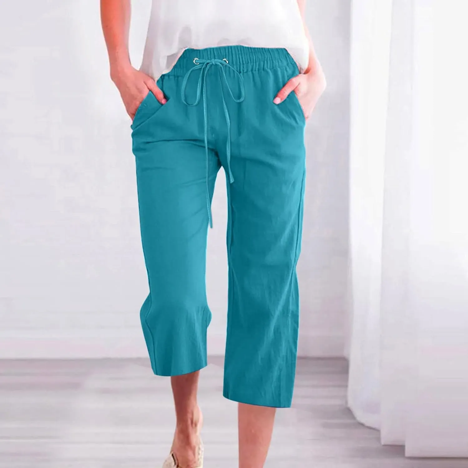 Capri Pants for Women 2025 Cotton Linen Casual Summer Pants Plus Size Drawstring Elastic Waist Capris with Pockets