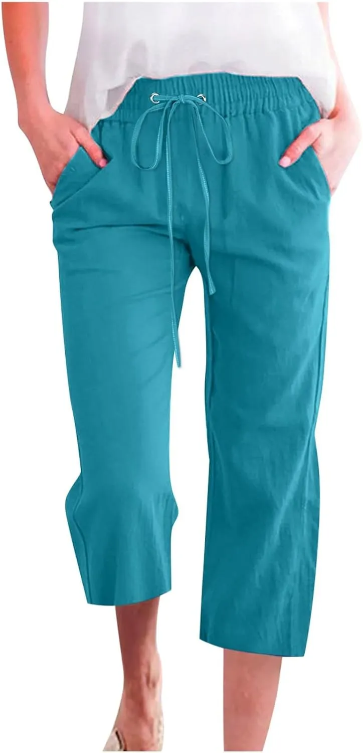 Capri Pants for Women 2025 Cotton Linen Casual Summer Pants Plus Size Drawstring Elastic Waist Capris with Pockets