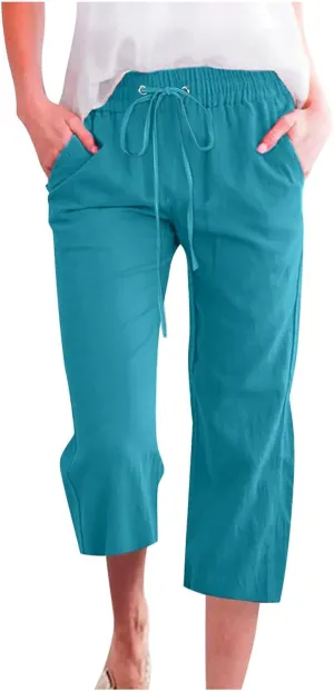 Capri Pants for Women 2025 Cotton Linen Casual Summer Pants Plus Size Drawstring Elastic Waist Capris with Pockets