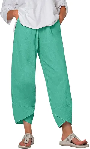 Capri Pants for Women 2025 Summer Comfy Loose Linen Pants with Pockets Beach Hight Waist Casual Trousers for Holiday