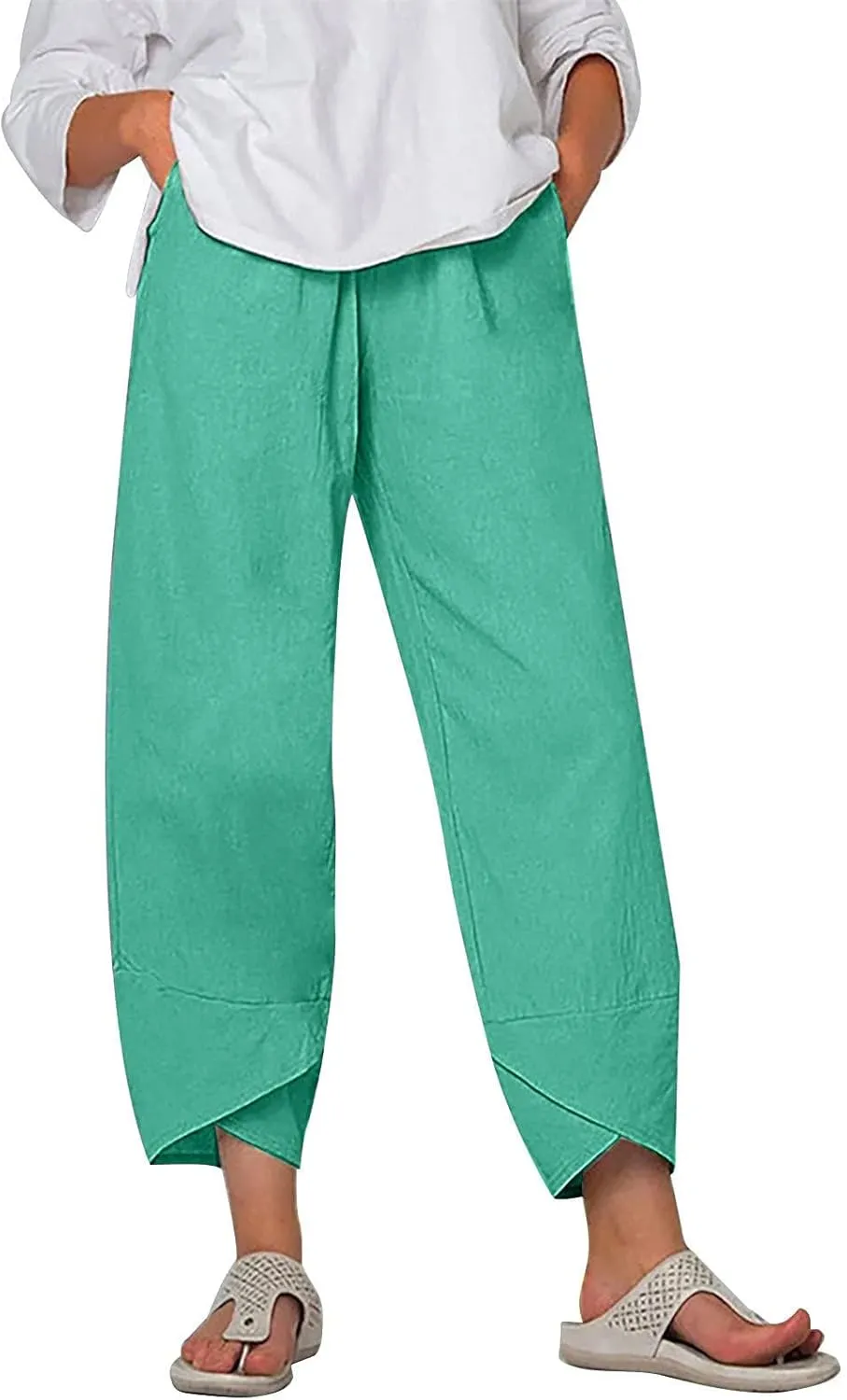Capri Pants for Women 2025 Summer Comfy Loose Linen Pants with Pockets Beach Hight Waist Casual Trousers for Holiday