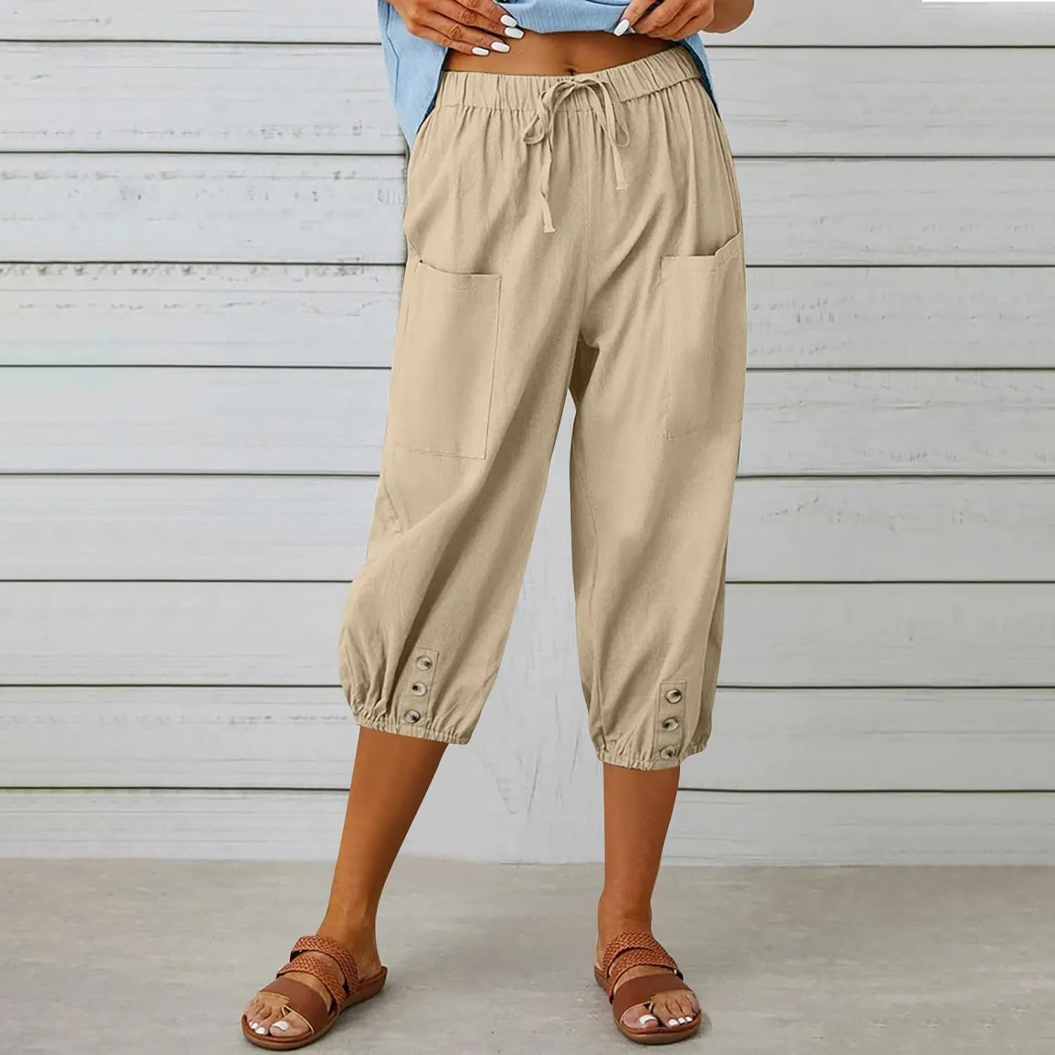Capri Pants for Women Bottom Button Cropped Linen Pants Drawstring Elastic Waist High Waist Wide Leg Trouser