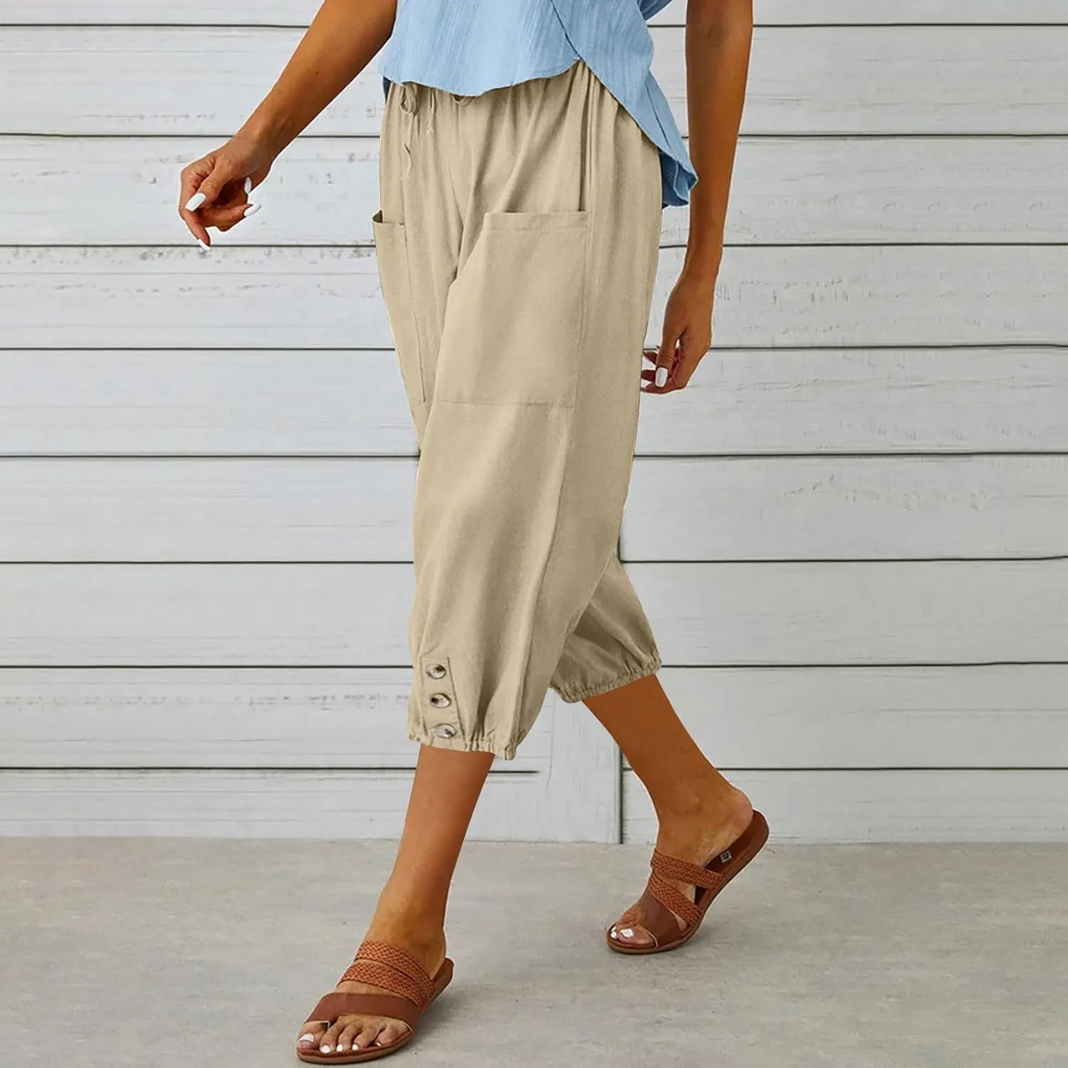 Capri Pants for Women Bottom Button Cropped Linen Pants Drawstring Elastic Waist High Waist Wide Leg Trouser