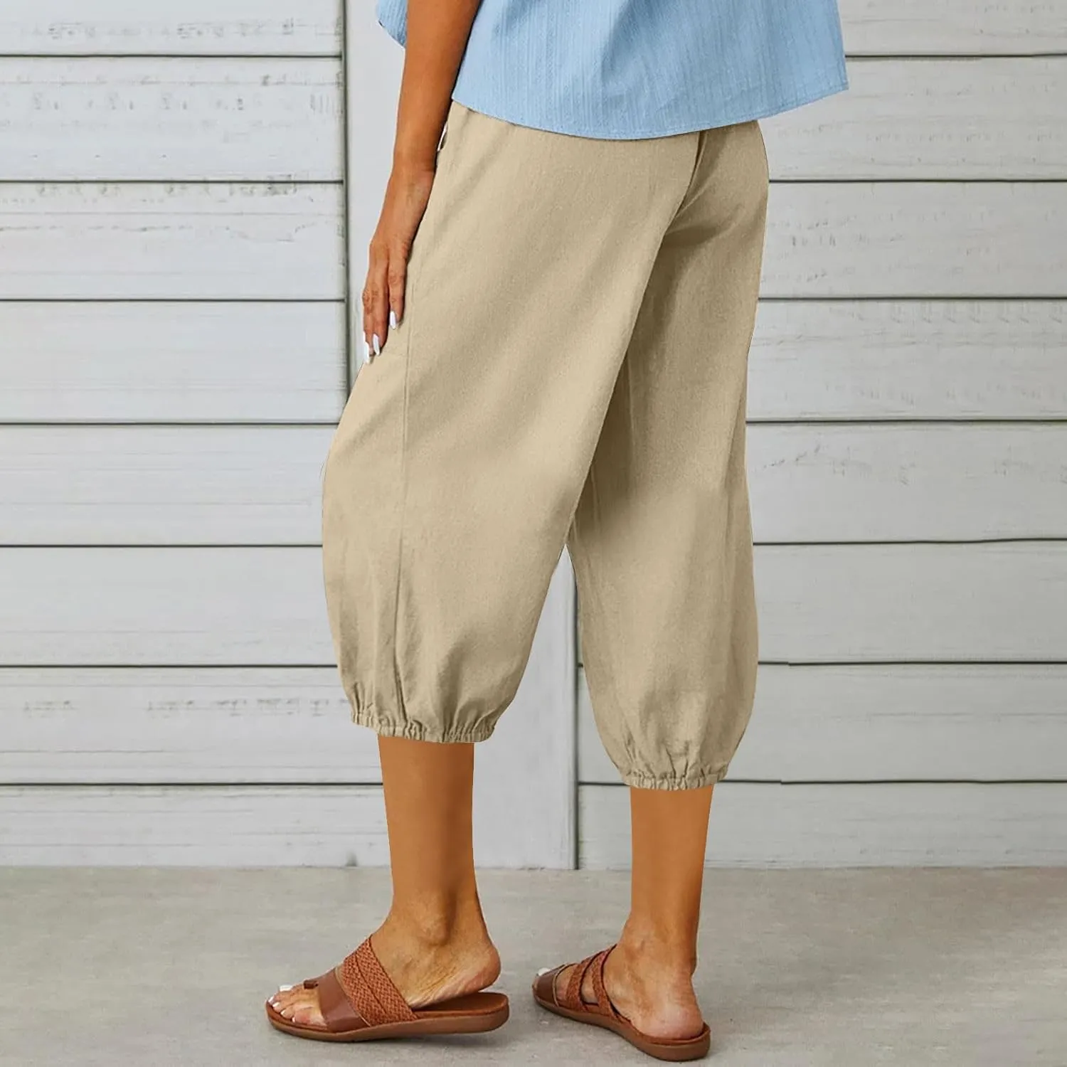 Capri Pants for Women Bottom Button Cropped Linen Pants Drawstring Elastic Waist High Waist Wide Leg Trouser