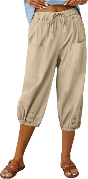 Capri Pants for Women Bottom Button Cropped Linen Pants Drawstring Elastic Waist High Waist Wide Leg Trouser