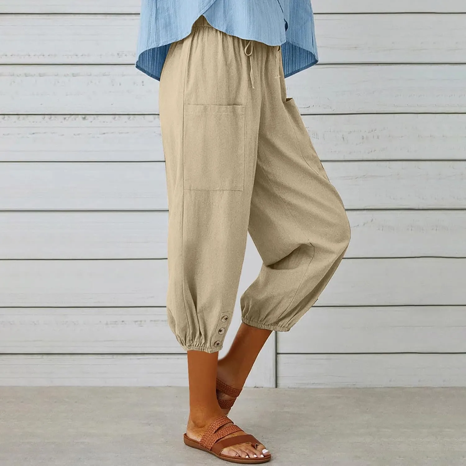 Capri Pants for Women Bottom Button Cropped Linen Pants Drawstring Elastic Waist High Waist Wide Leg Trouser
