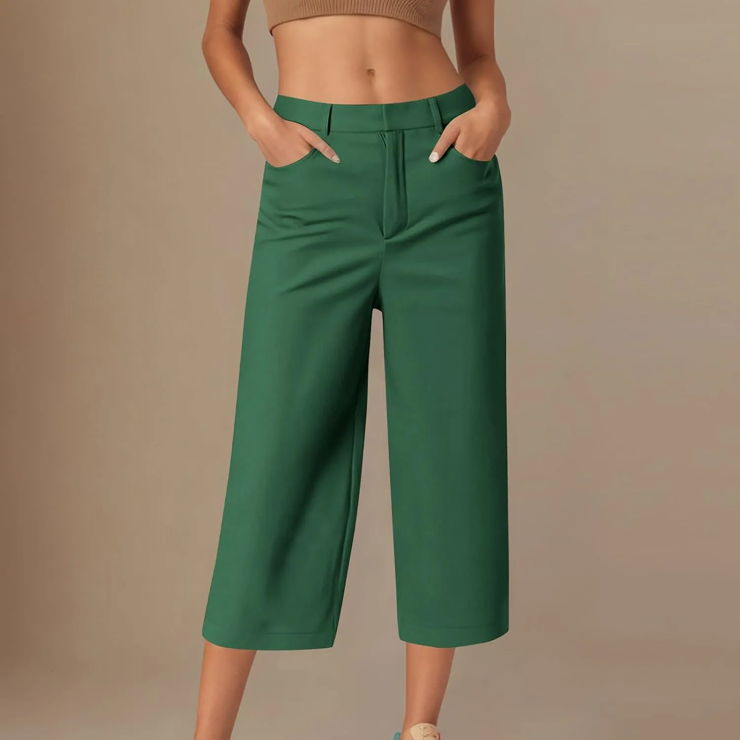 Capri Pants for Women Business Casual Loose Fit Work Cropped Trousers High Waisted Stretchy Capris with Pocket