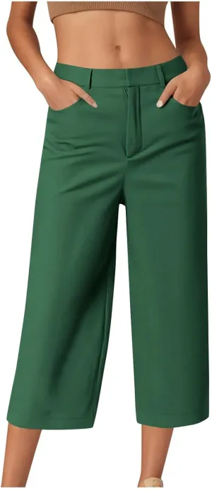Capri Pants for Women Business Casual Loose Fit Work Cropped Trousers High Waisted Stretchy Capris with Pocket