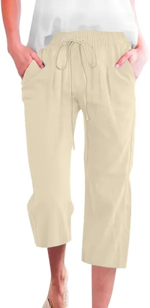Capri Pants for Women Casual 20235 Summer Drawstring Elastic High Waist Linen Capri Straight Wide Leg Cropped Trousers