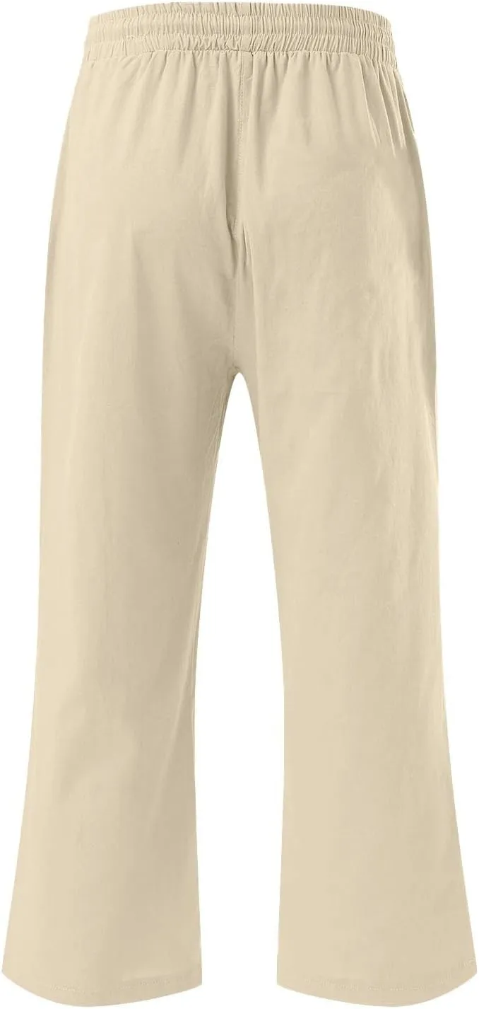 Capri Pants for Women Casual 20235 Summer Drawstring Elastic High Waist Linen Capri Straight Wide Leg Cropped Trousers