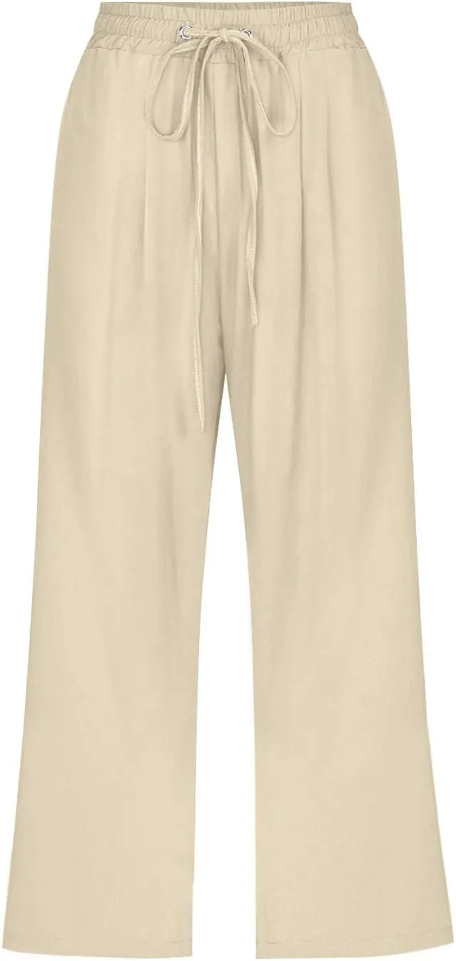 Capri Pants for Women Casual 20235 Summer Drawstring Elastic High Waist Linen Capri Straight Wide Leg Cropped Trousers
