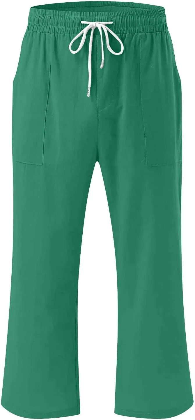 Capri Pants for Women Casual 2025 Summer Drawstring Elastic High Waist Linen Pant Straight Wide Leg Cropped Trousers