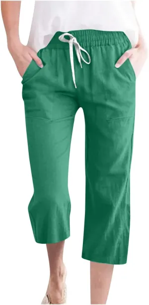 Capri Pants for Women Casual 2025 Summer Drawstring Elastic High Waist Linen Pant Straight Wide Leg Cropped Trousers