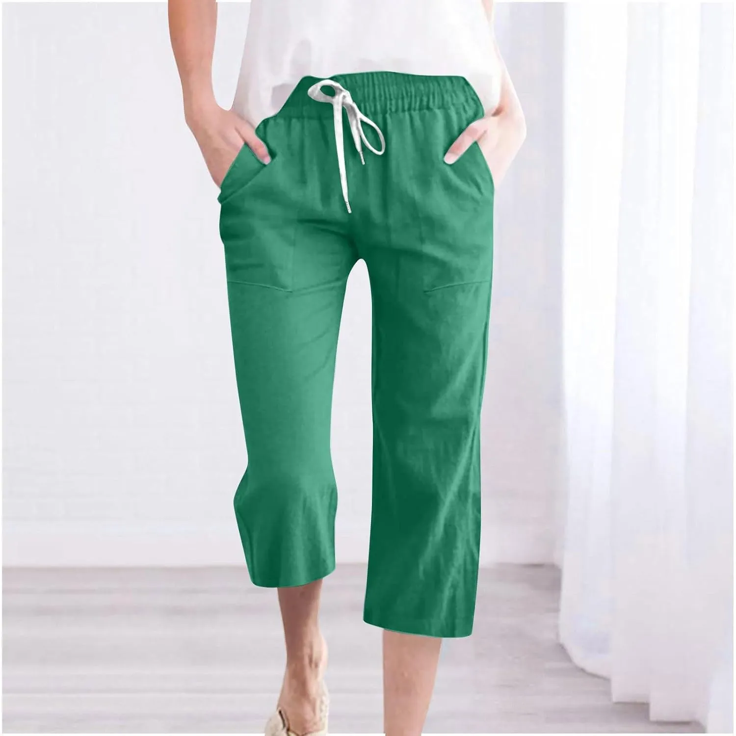 Capri Pants for Women Casual 2025 Summer Drawstring Elastic High Waist Linen Pant Straight Wide Leg Cropped Trousers