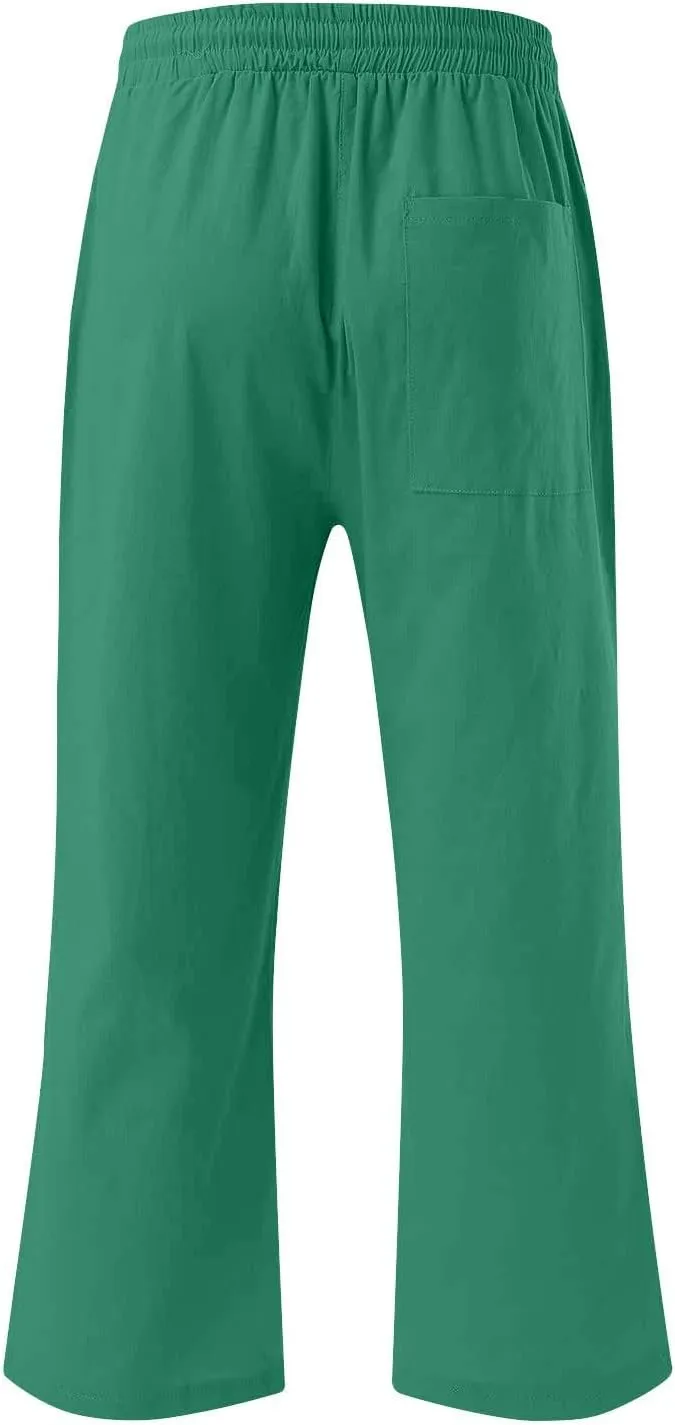 Capri Pants for Women Casual 2025 Summer Drawstring Elastic High Waist Linen Pant Straight Wide Leg Cropped Trousers
