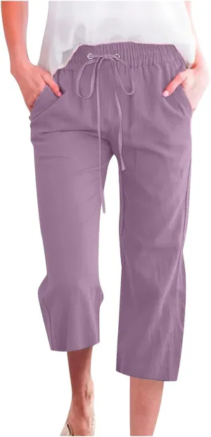 Capri Pants for Women Casual 2025 Summer Drawstring Elastic Waist Linen Pant Straight Wide Leg Pocket Cropped Trouser Cropped