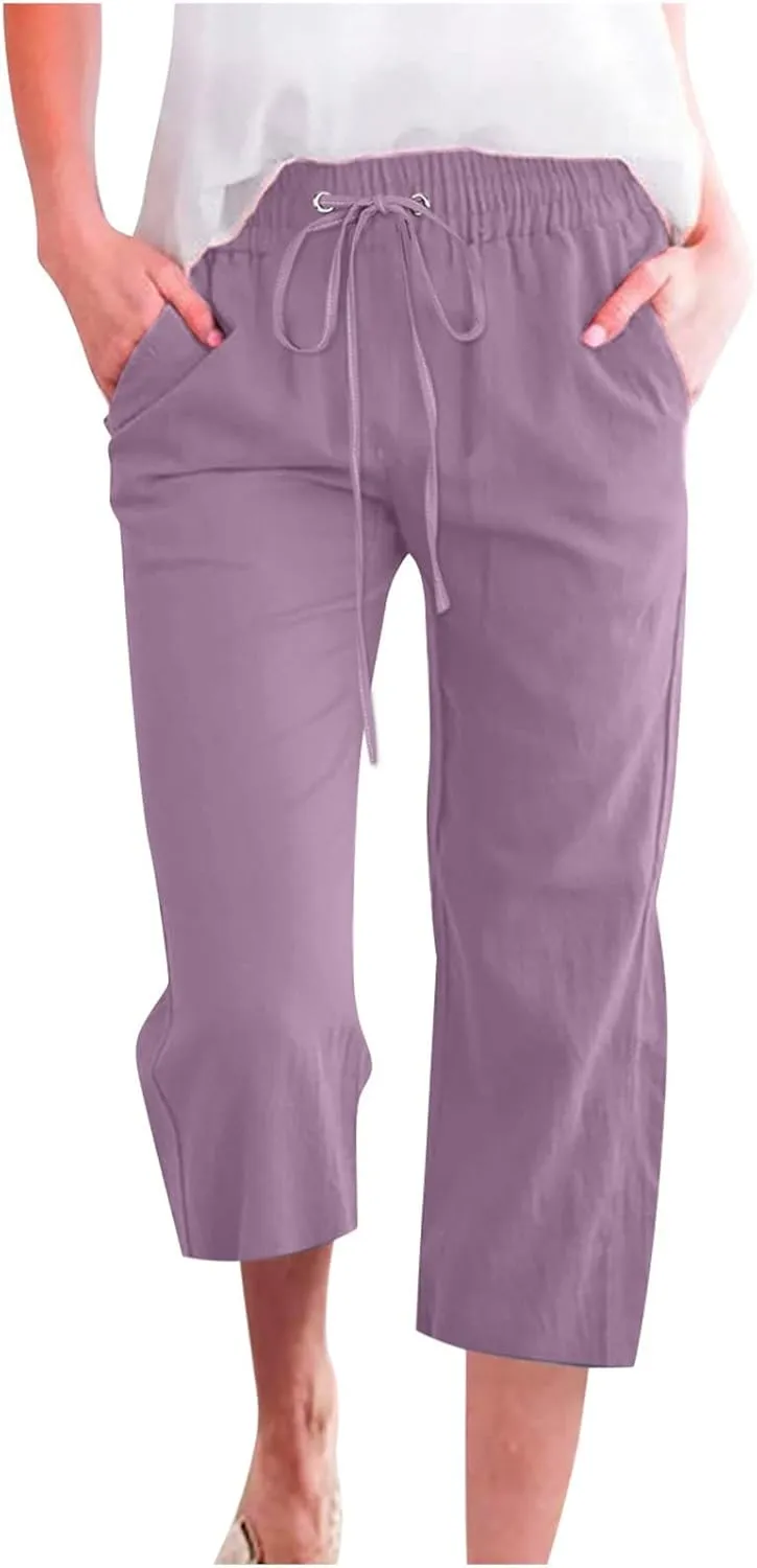 Capri Pants for Women Casual 2025 Summer Drawstring Elastic Waist Linen Pant Straight Wide Leg Pocket Cropped Trouser Cropped