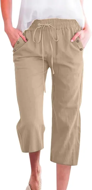 Capri Pants for Women Casual 2025 Summer Drawstring Elastic Waist Linen Pant Straight Wide Leg Pocket Cropped Trouser Cropped