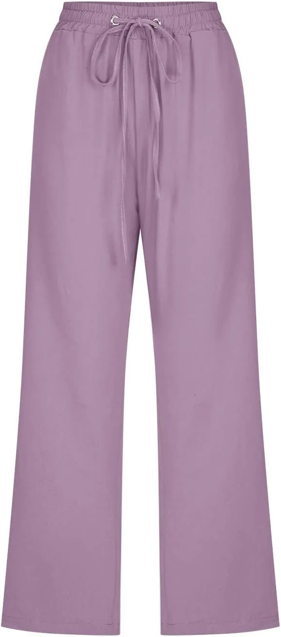 Capri Pants for Women Casual 2025 Summer Drawstring Elastic Waist Linen Pant Straight Wide Leg Pocket Cropped Trouser Cropped
