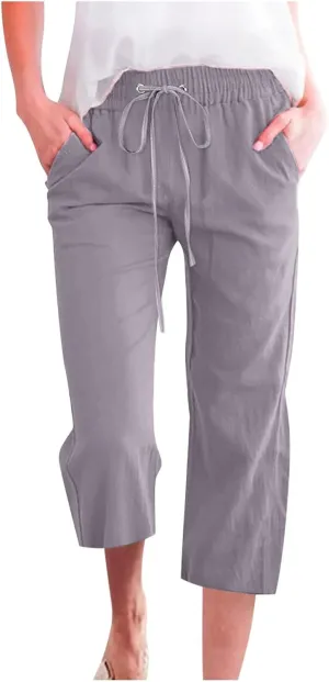 Capri Pants for Women Casual 2025 Summer Drawstring Elastic Waist Linen Pant Straight Wide Leg Pocket Cropped Trouser Cropped