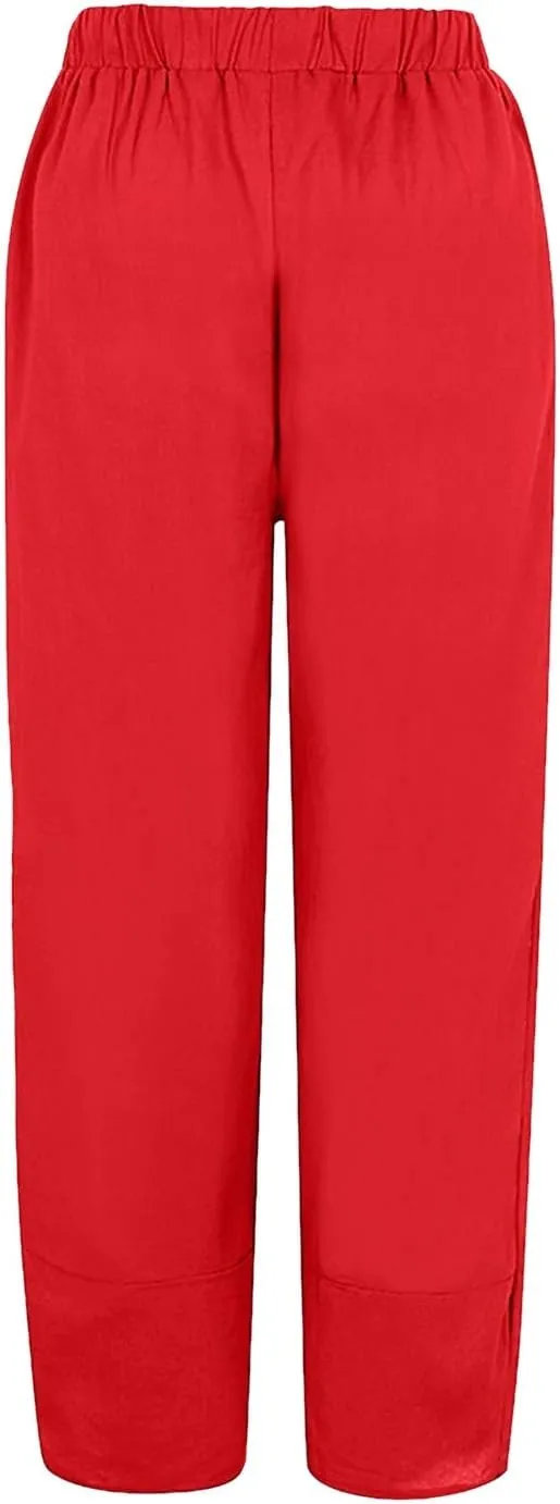Capri Pants for Women Casual Summer Cotton Linen Pants Cropped Comfy Baggy Palazzo Wide Leg Trousers with Pockets