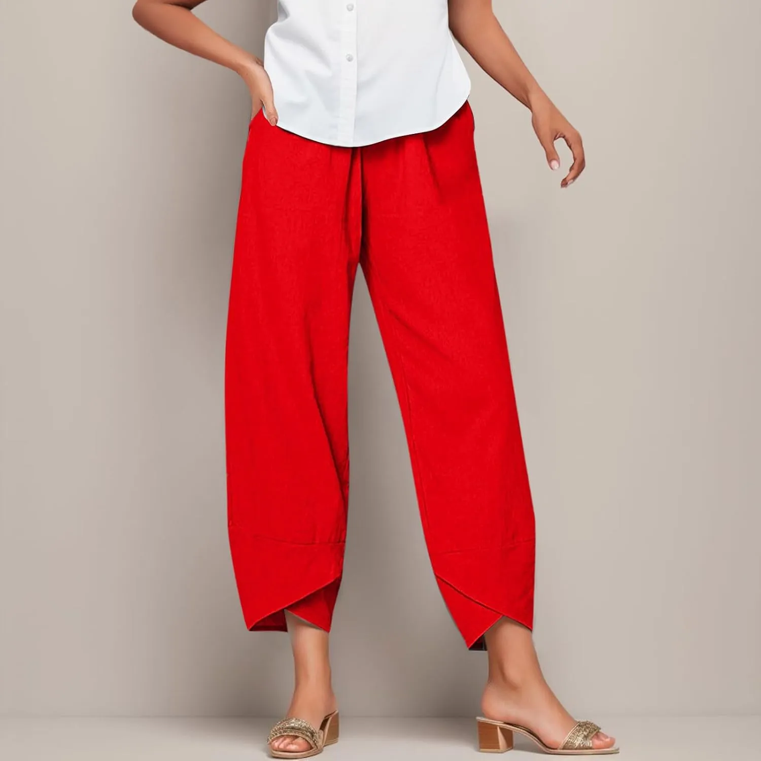 Capri Pants for Women Casual Summer Cotton Linen Pants Cropped Comfy Baggy Palazzo Wide Leg Trousers with Pockets
