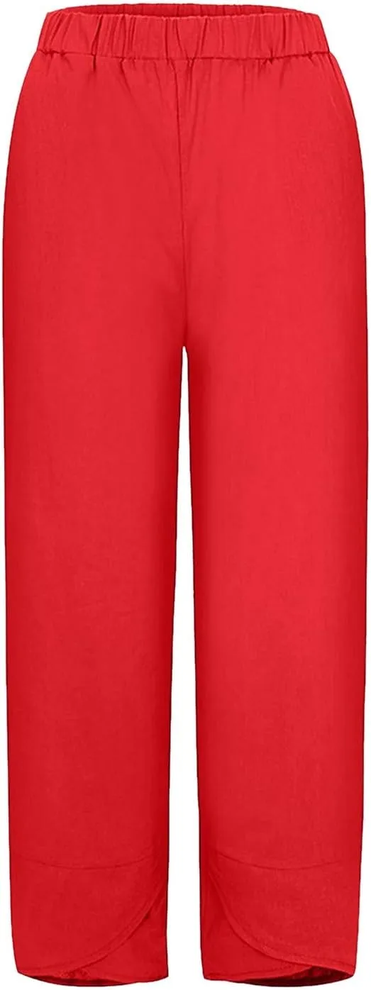 Capri Pants for Women Casual Summer Cotton Linen Pants Cropped Comfy Baggy Palazzo Wide Leg Trousers with Pockets
