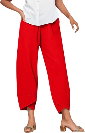 Capri Pants for Women Casual Summer Cotton Linen Pants Cropped Comfy Baggy Palazzo Wide Leg Trousers with Pockets