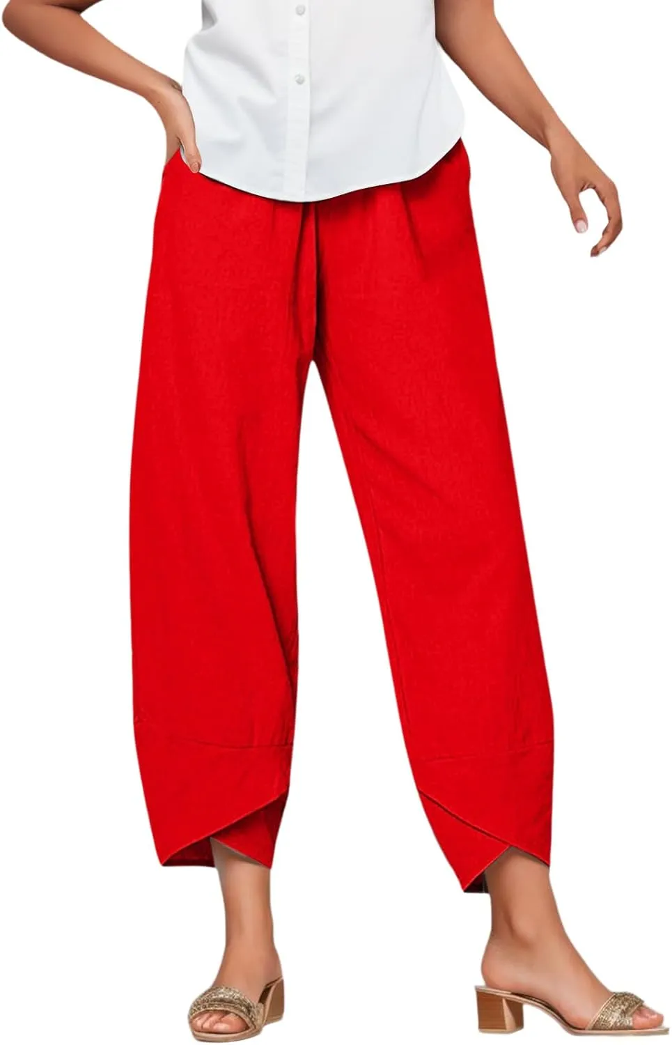 Capri Pants for Women Casual Summer Cotton Linen Pants Cropped Comfy Baggy Palazzo Wide Leg Trousers with Pockets