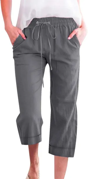 Capri Pants for Women Casual Summer Drawstring Elastic High Waist Linen Pant Straight Wide Leg Cropped Trouser