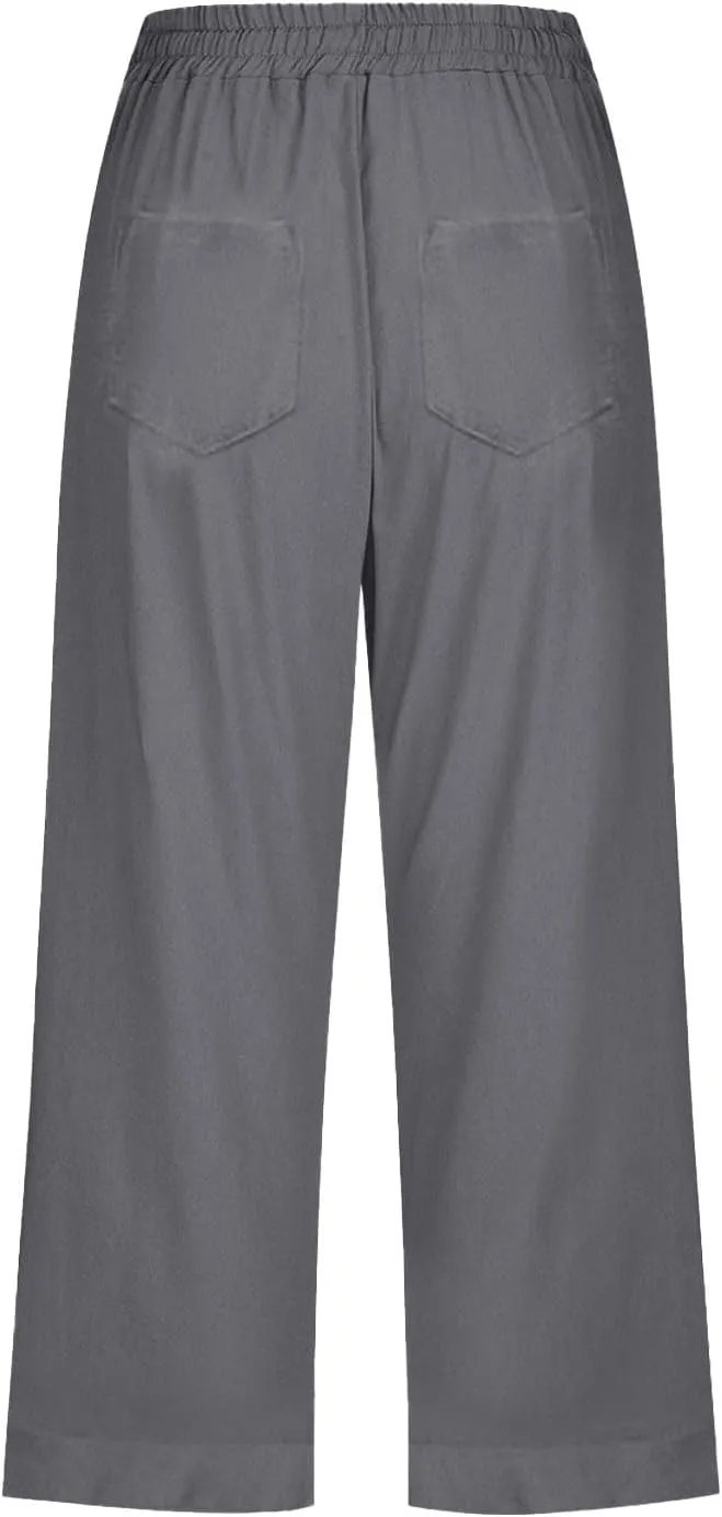 Capri Pants for Women Casual Summer Drawstring Elastic High Waist Linen Pant Straight Wide Leg Cropped Trouser
