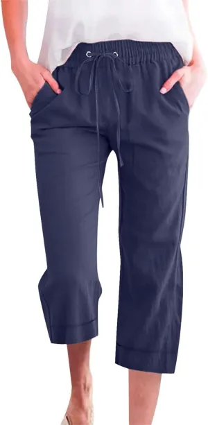 Capri Pants for Women Casual Summer Drawstring Elastic High Waist Linen Pant Straight Wide Leg Cropped Trouser