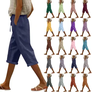 Capri Pants for Women Casual Summer Drawstring Elastic High Waist Linen Pant Straight Wide Leg Cropped Trouser