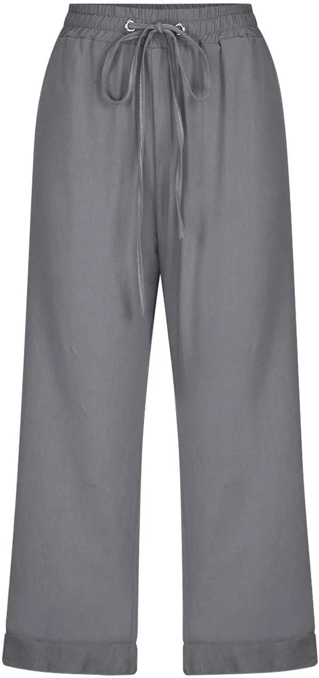 Capri Pants for Women Casual Summer Drawstring Elastic High Waist Linen Pant Straight Wide Leg Cropped Trouser