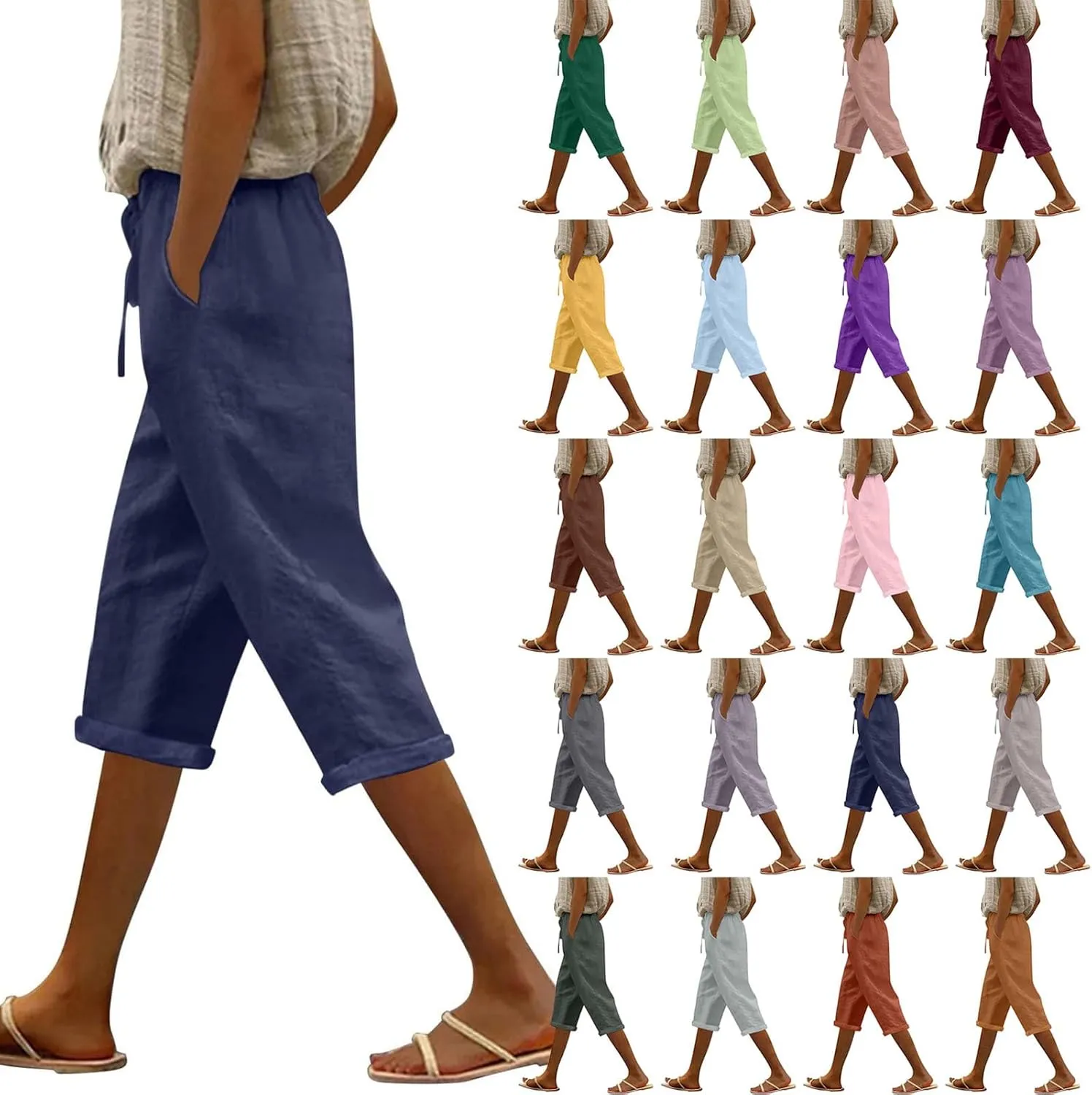 Capri Pants for Women Casual Summer Drawstring Elastic High Waist Linen Pant Straight Wide Leg Cropped Trouser