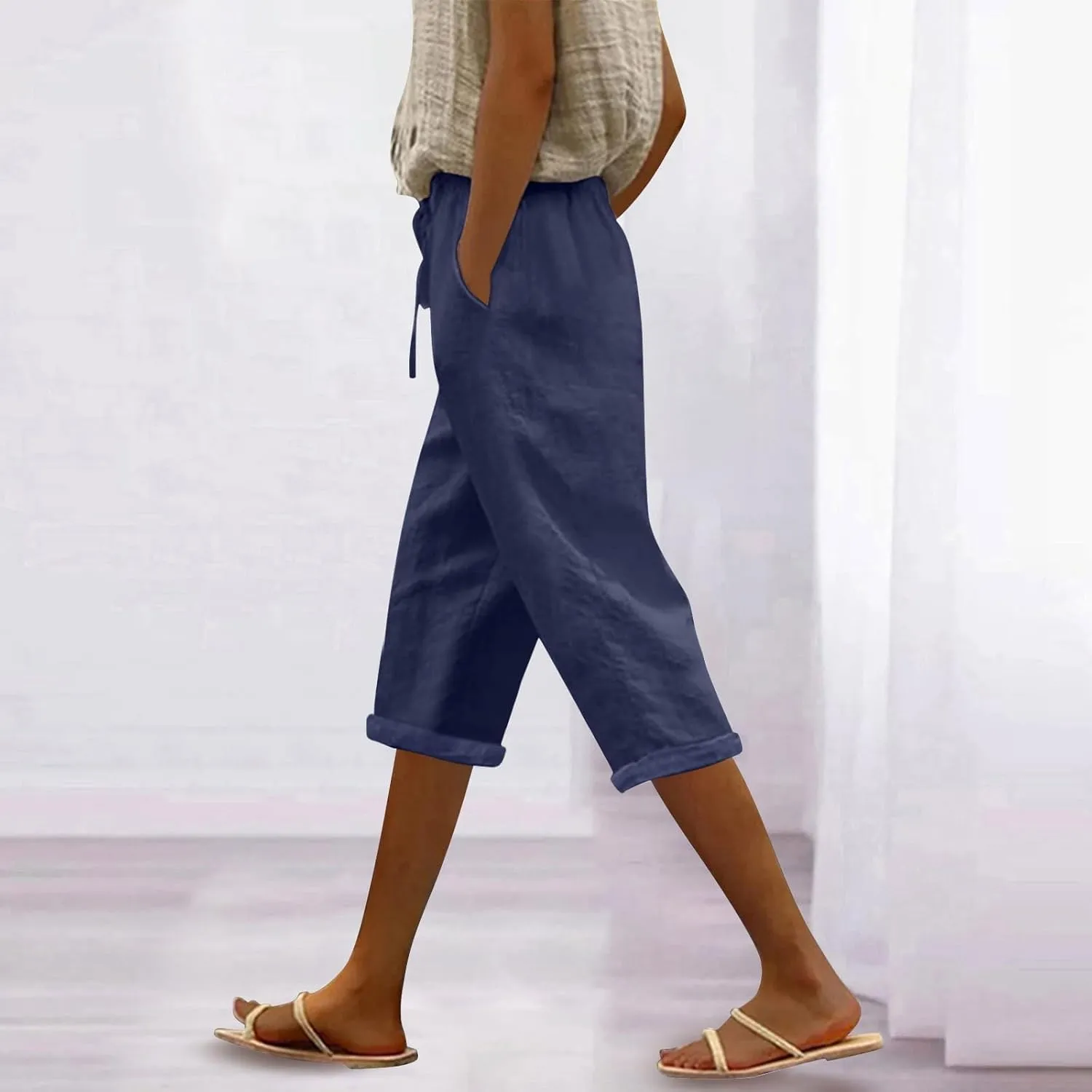 Capri Pants for Women Casual Summer Drawstring Elastic High Waist Linen Pant Straight Wide Leg Cropped Trouser