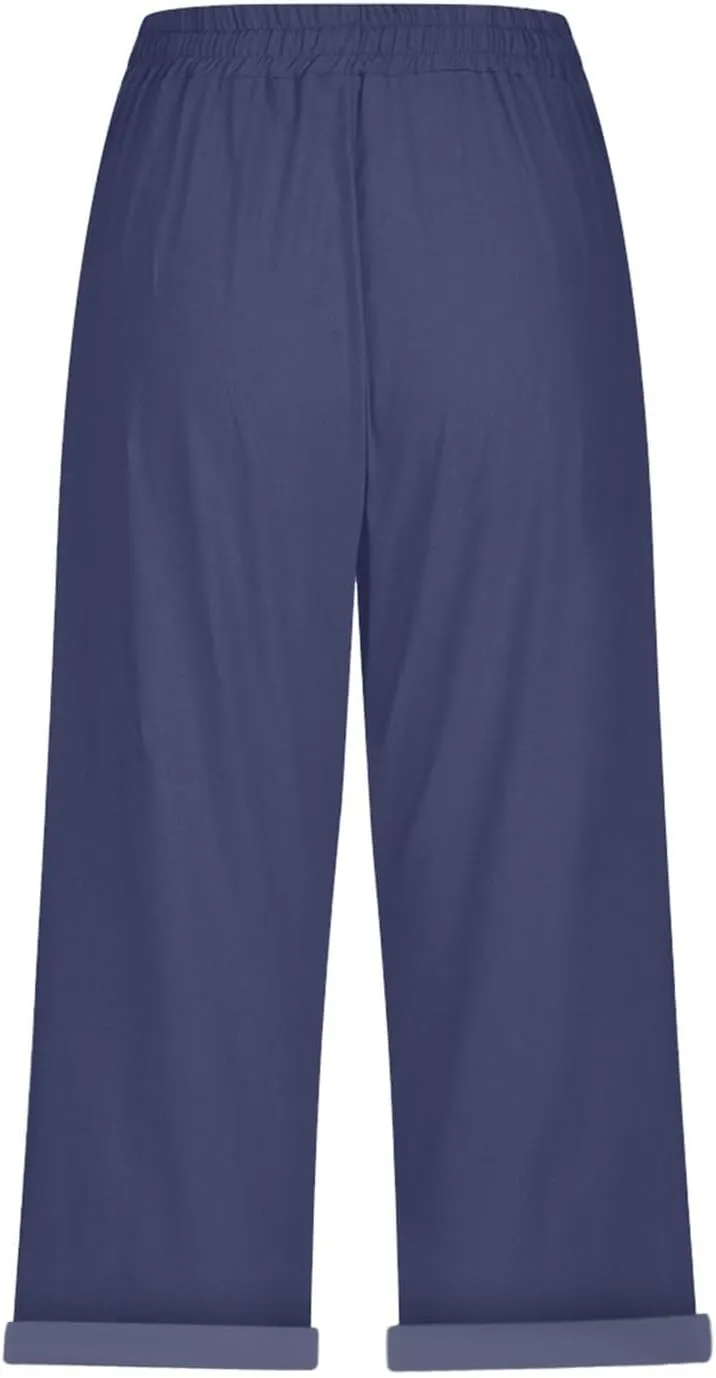 Capri Pants for Women Casual Summer Drawstring Elastic High Waist Linen Pant Straight Wide Leg Cropped Trouser