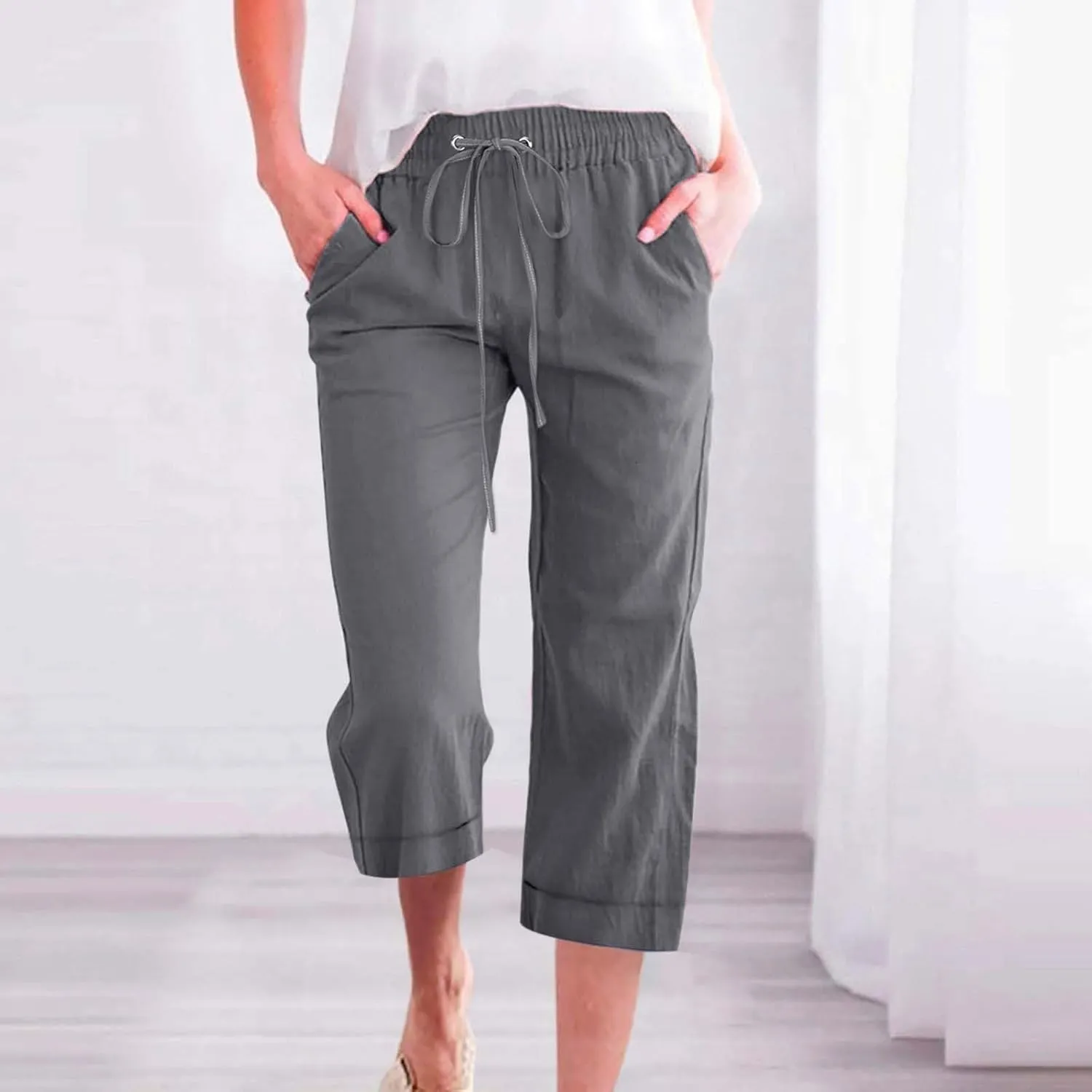 Capri Pants for Women Casual Summer Drawstring Elastic High Waist Linen Pant Straight Wide Leg Cropped Trouser
