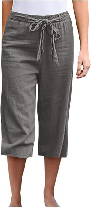 Capri Pants for Women Casual Summer Drawstring Elastic High Waist Linen Pants Straight Leg Plus Size Lounge Capris