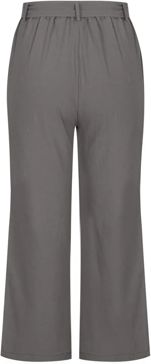 Capri Pants for Women Casual Summer Drawstring Elastic High Waist Linen Pants Straight Leg Plus Size Lounge Capris