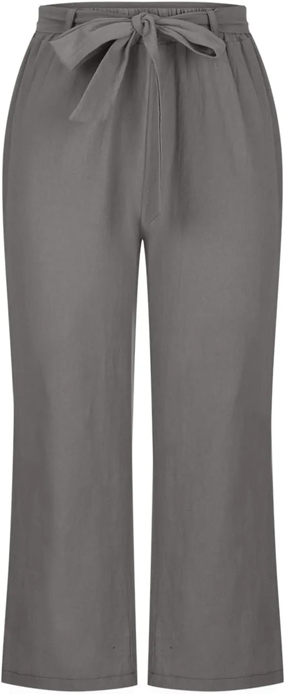 Capri Pants for Women Casual Summer Drawstring Elastic High Waist Linen Pants Straight Leg Plus Size Lounge Capris