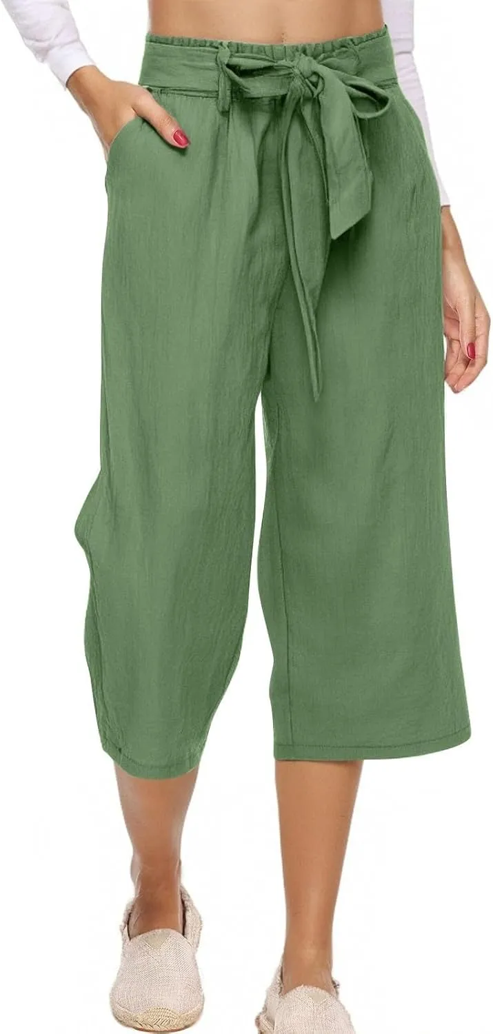 Capri Pants for Women Casual Wide Leg Linen Pants Elastic Waist Tie Belt Straight Leg Drawstring Trousers with Pockets