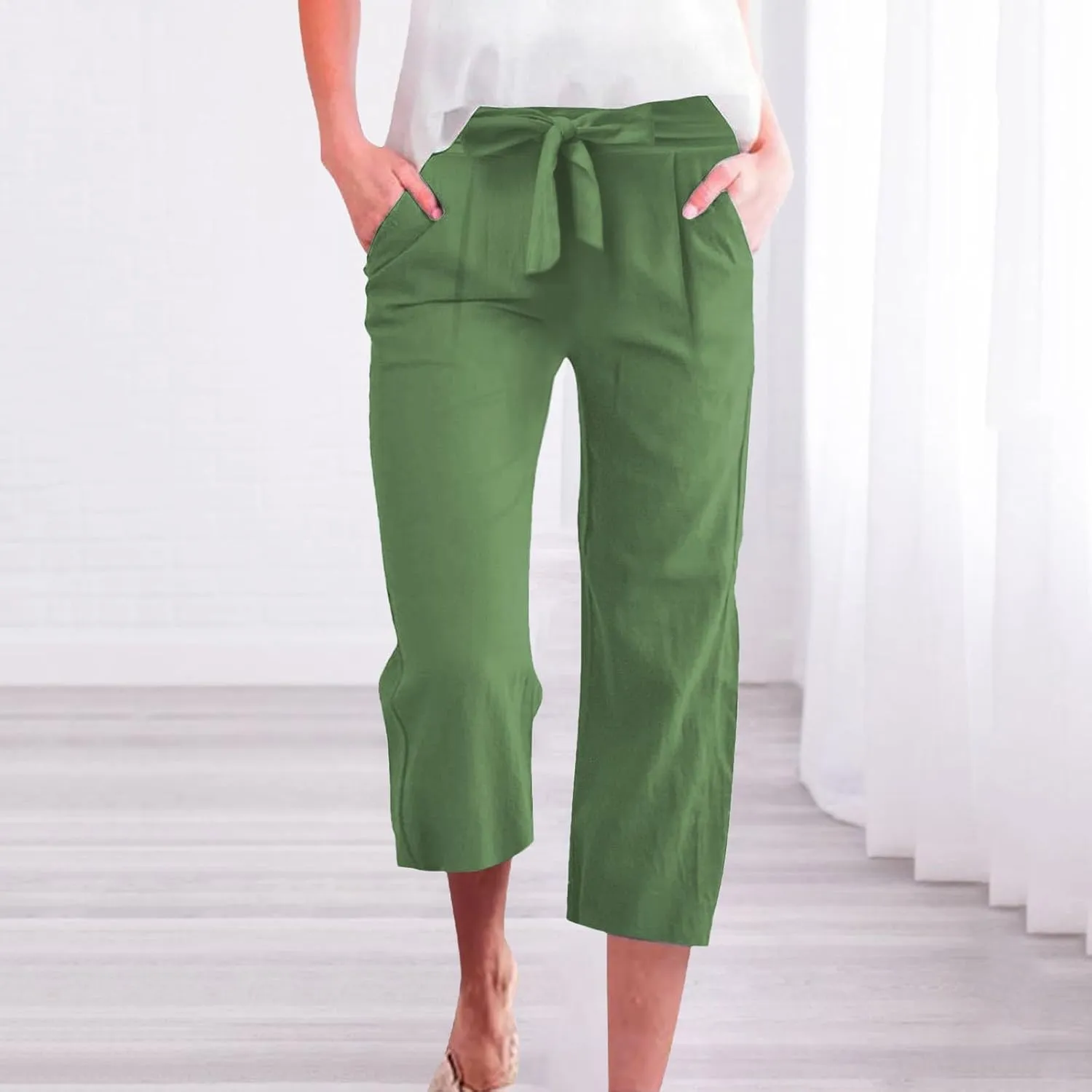 Capri Pants for Women Casual Wide Leg Linen Pants Elastic Waist Tie Belt Straight Leg Drawstring Trousers with Pockets